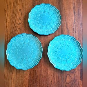 Set of 3 Pioneer Woman Farmhouse Lace Blue Teal Salad Plate Embossed Pattern 8.5